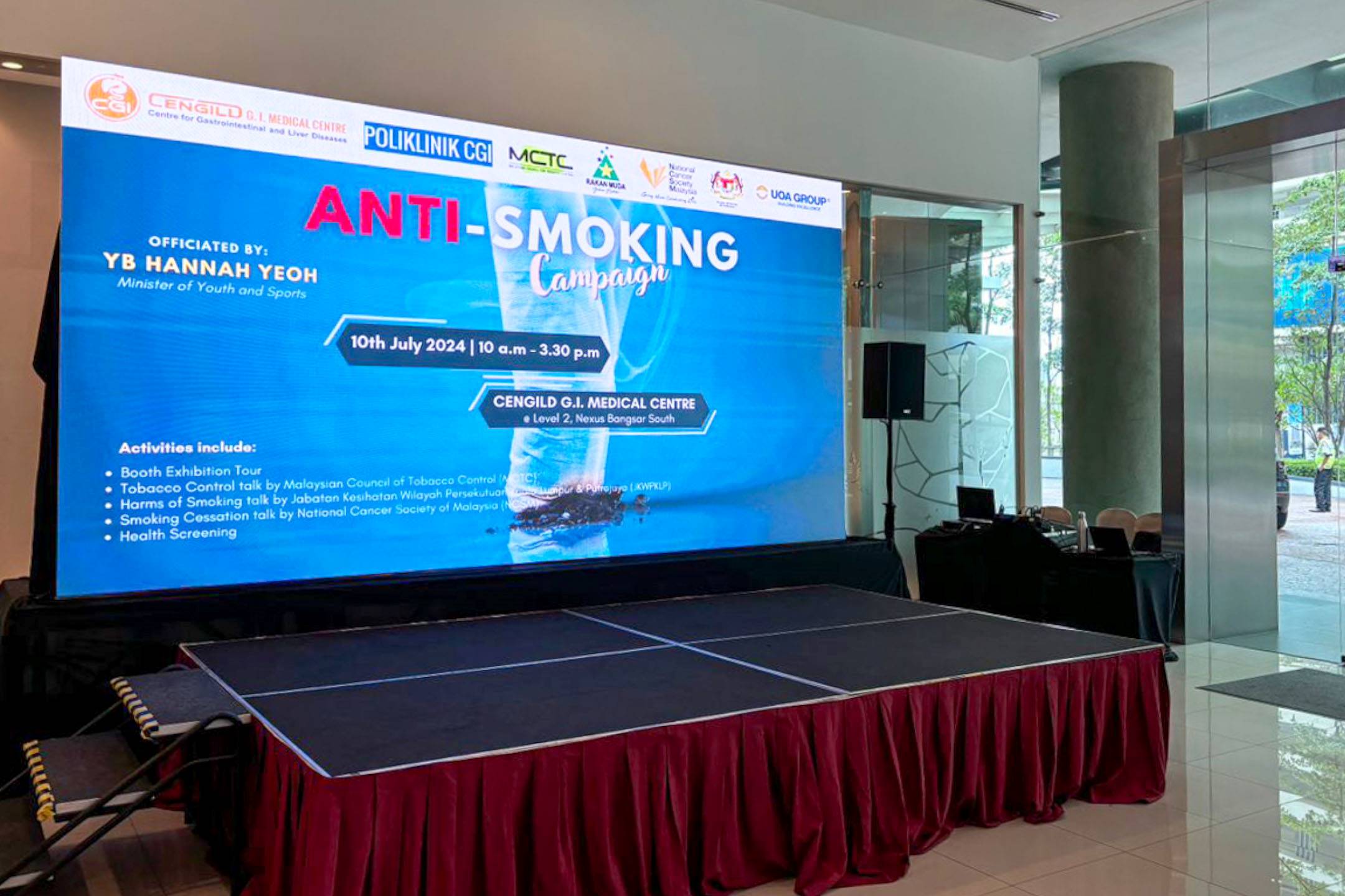 Rental Indoor LED Screen for Cengild G. I. Medical Centre for the Anti-Smoking Campaign at Kuala Lumpur